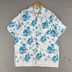 VTG Ocean Blue Apparel Mens L Tropical Nautical Hawaiian Button Up Shirt White
